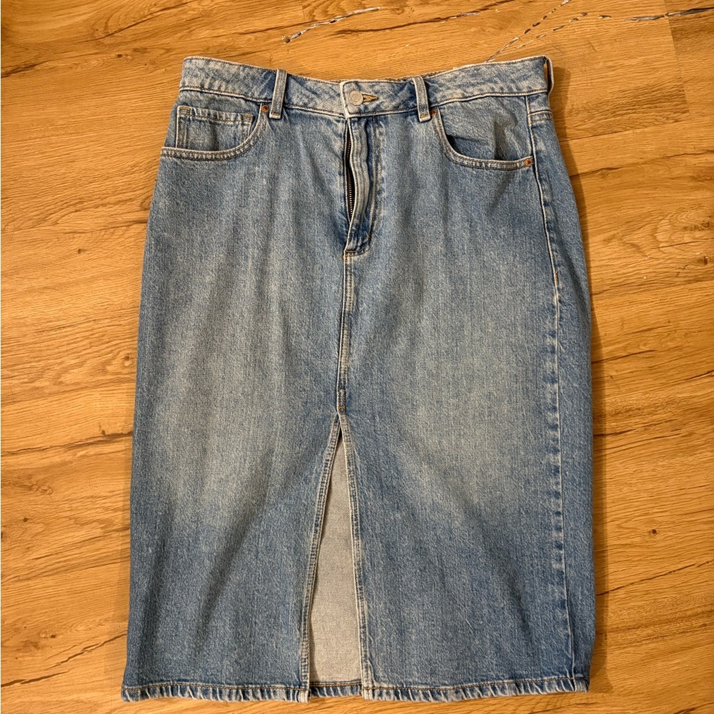 Dynamite Light Blue Denim Midi Skirt with Front Slit